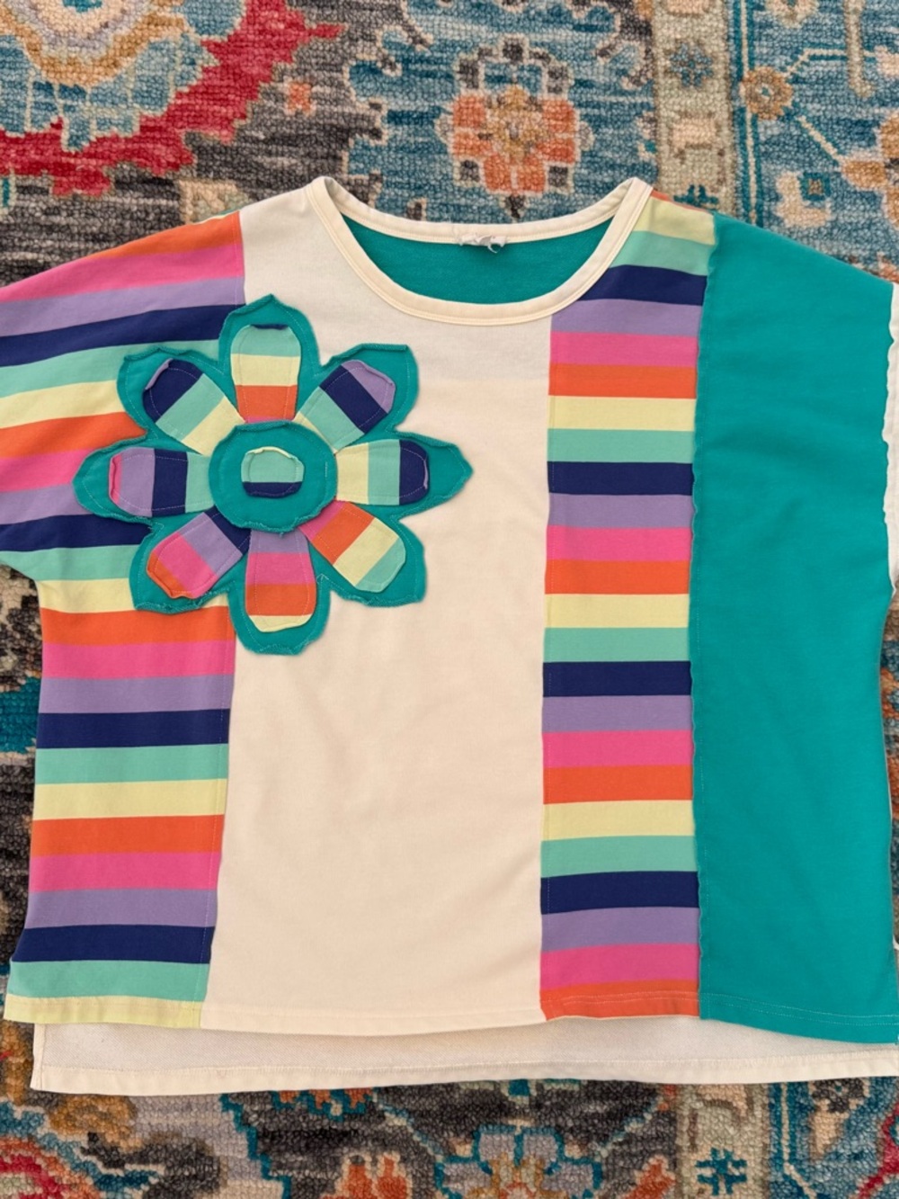 BiBi Multicolor Stripe Flower Tee - Teal, Cream & Rainbow